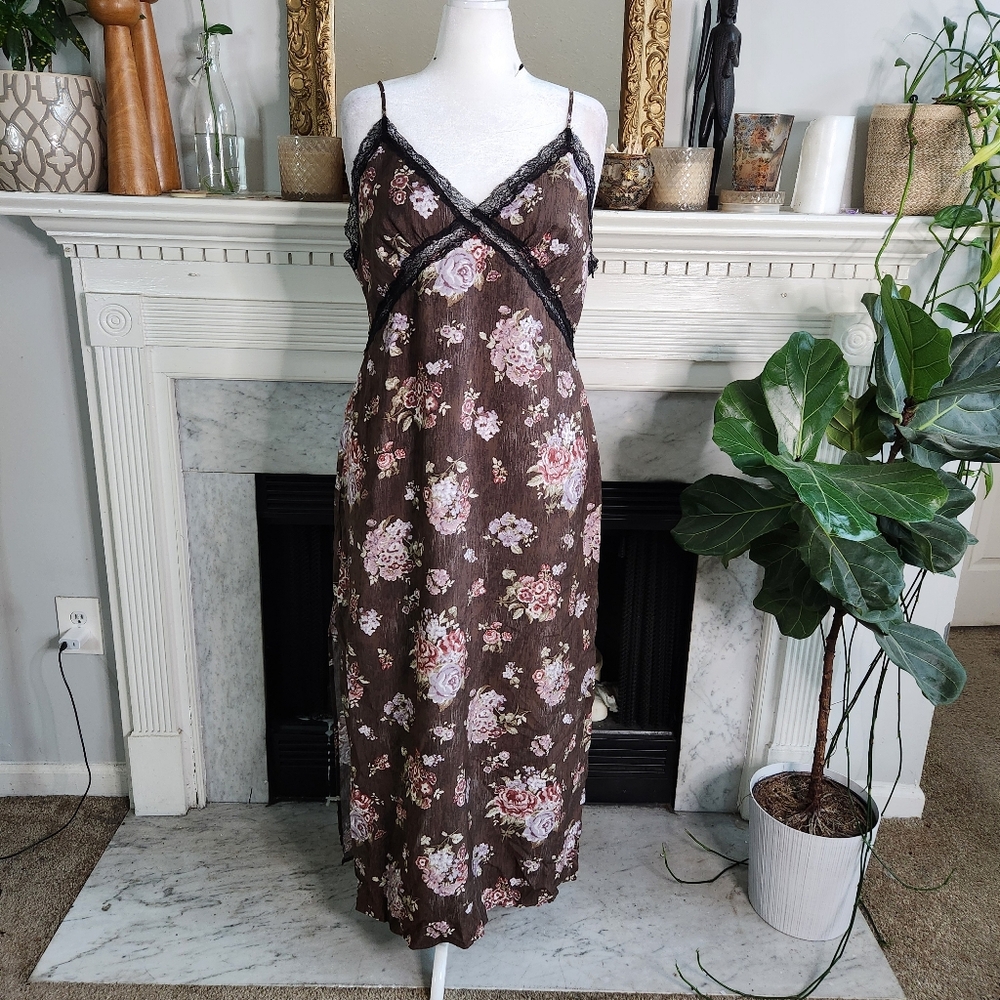 H&M Brock Collection Brown Floral Maxi Slip Dress Size XL Lace Romantic - Picture 2 of 9
